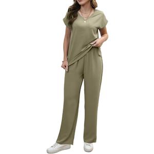 Women's Casual 2-Piece Set - Wide-Leg Pants & Batwing Sleeves (L)