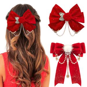 2 Pcs Red Velvet Hair Bows Rose Peal Tassel Hair Clips Fluffy Tassel Bow Ponytail Hair Barrettes Long Ribbon Long Tail Slides Metal Clips Hair Accessories for Birthday Wedding Valnetine Day