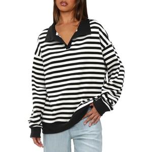 Darong Womens Oversized Contrast Striped Long Sleeve Collared Sweatshirts Casual Cotton Pullover Sweatshirt Fall Cloth XL