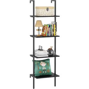 Ladder Shelf 4 Tiers Metal Industrial Bookshelf,Black Wooden Tall Open Storage Rack and Display Shelves,Wall Mount Wide Book Case for Home Office Bedroom,Small (1 PC 15.7IN)