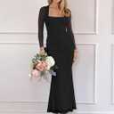 BORIFLORS Women's Ruched Bodycon Long Sleeve Maxi Dress Mesh Square Neck Cocktail Party Long Dresses (Black, L)