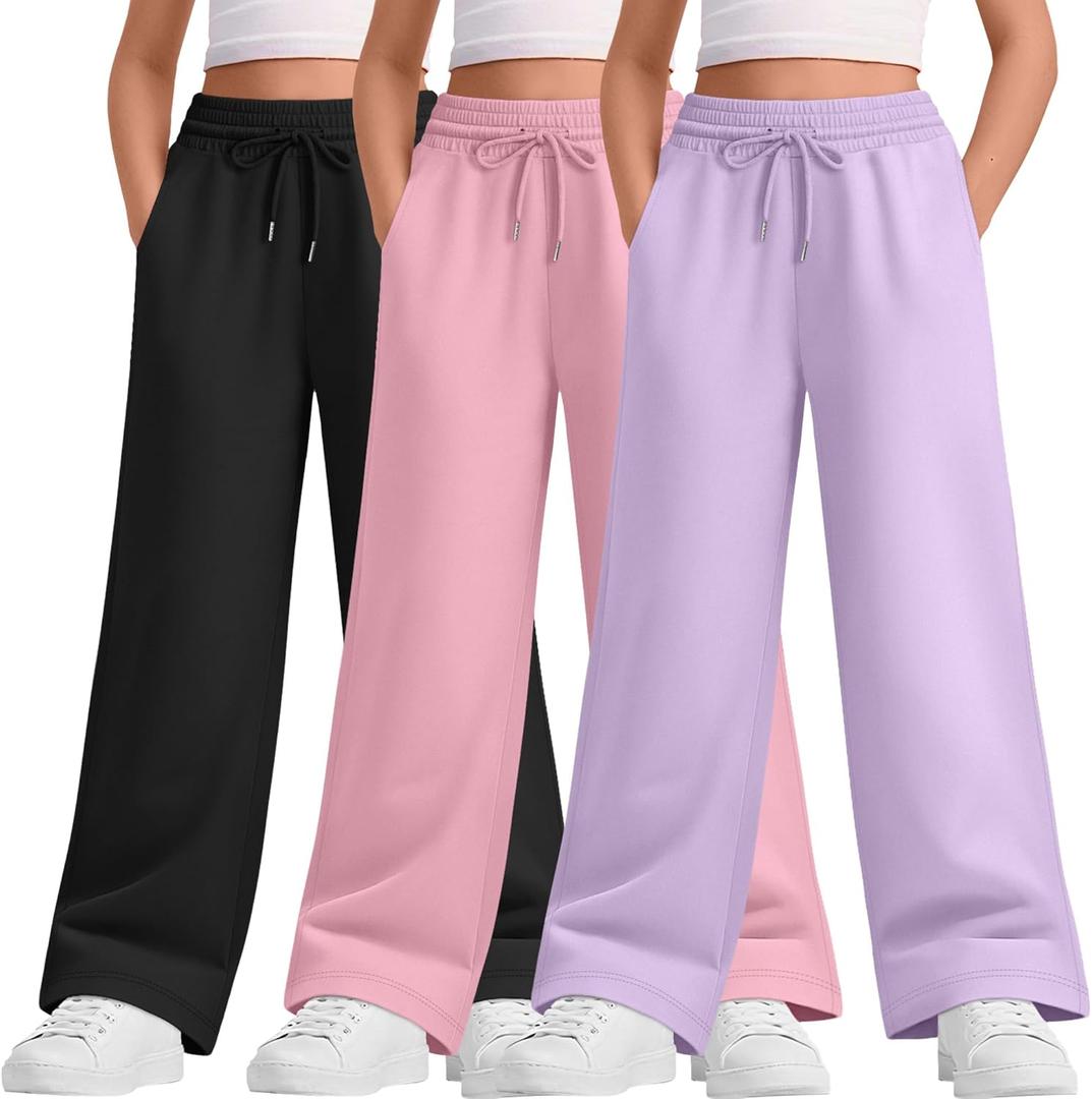 3 Packs Teen Girls Sweatpants Wide Leg Drawstring Baggy Pants Straight Leg Athletic Trousers with Pockets Size 5-14 (5-6 Years, Light Purple, Pink, Black)