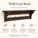 Wall Mounted Coat Rack with Shelf, Solid Wood & Metal Hooks – 23.2 Inch Entryway Organizer with 5 Hooks for Hanging Coats, Hats, Bags, Keys, Rustic Brown for Hallway, Bedroom, Bathroom（23.2 Inch）