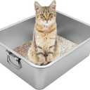 Fhiny Stainless Steel Litter Box with Handle Metal Cat Litter Pan and 4 Non-Slip Pads High Sided Cat Toilet Easy to Clean Odor Control for Kitties Kitty Rabbits（19.7 x 13.8 x 5.9 in ）