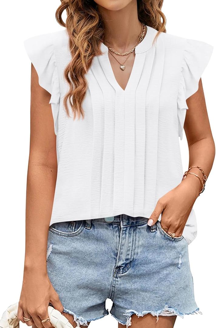KIRUNDO Spring Tops for Women Lightweight Blouses Dressy Casual Ruffle Sleeve V Neck Pleated Business Casual Summer Shirts (Small, White)