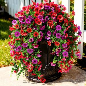 4 Pack Artificial Trailing Hanging Flowers,Red, Purple | Silk Plastic Construction, Uv/water Resistant, 29 Inch Trailing Vines with 156 Blooms, Fits Porch, Balcony & Courtyard Decor