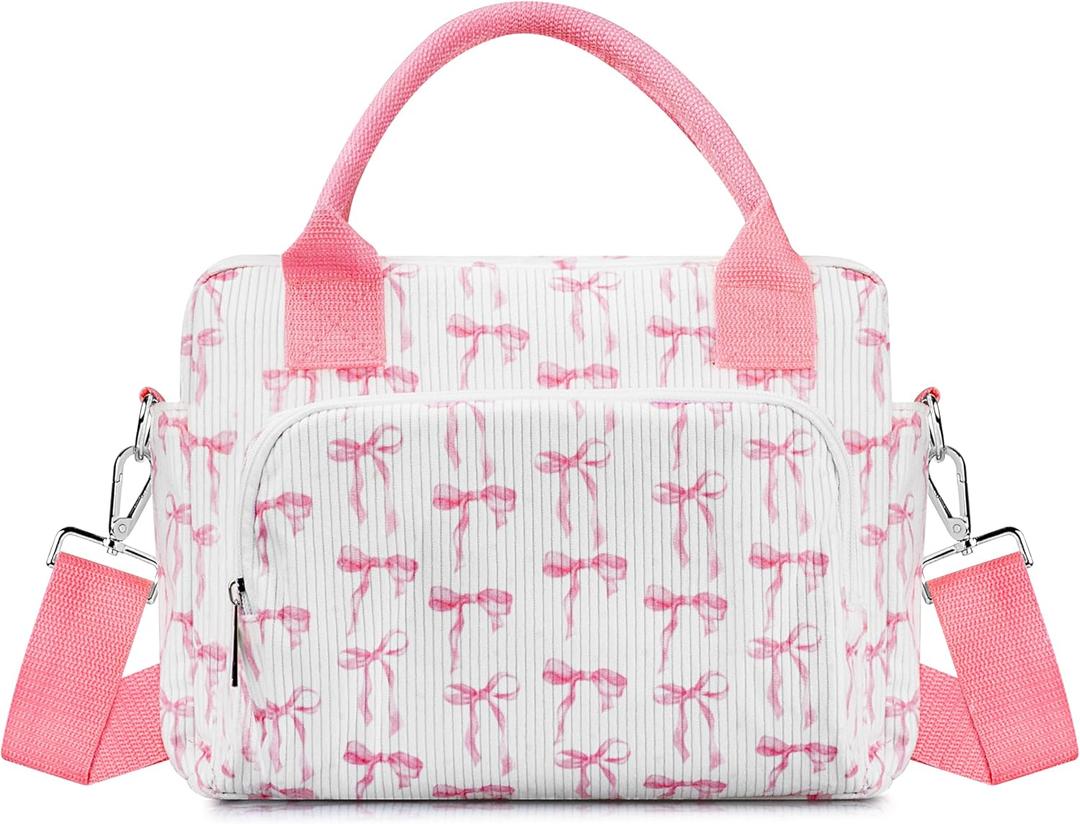 Lunch Box for Women Insulated Lunch Bag Cute Corduroy Lunch Tote Bags Lightweight Reusable Leakproof Cooler Bag with Adjustable Shoulder Strap for Work Office Travel Picnic (Pink Bow)