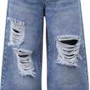 Girl's Y2k Ripped Baggy Jeans Distressed Elastic Waist Straight Leg Denim Pants with Pockets (Blue), 12 Y