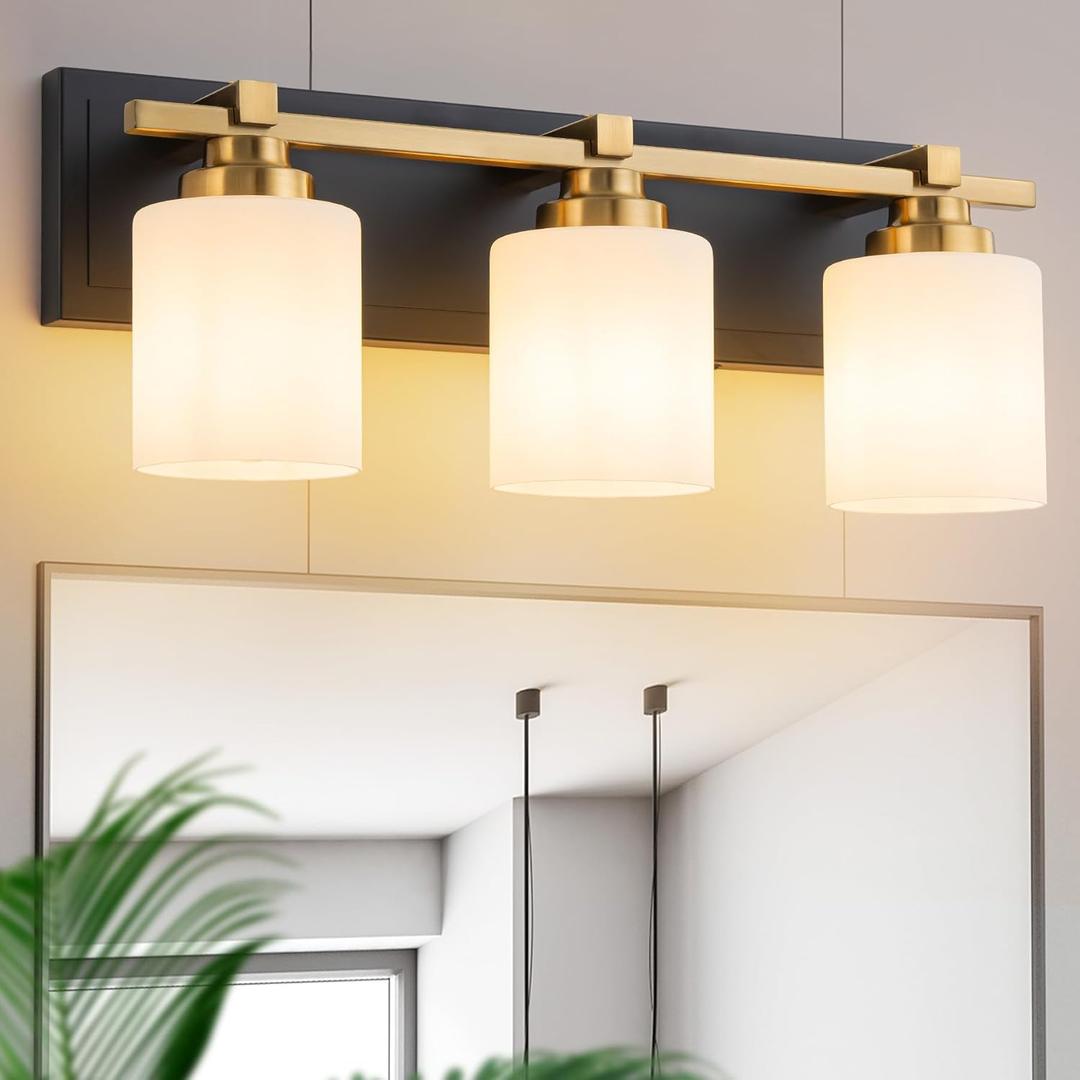 3 Light Modern Bathroom Light Fixtures Over Mirror, Black Gold Vanity Lights for Bathroom Wall Sconces with Milky White Glass Shades, E26 Socket (Bulbs Not Included)