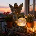 10" Bronze Fairy Solar-Powered Garden Statue, Crackle Glass Globe Solar Light, Outdoor Garden Decor Solar Light, Weatherproof Resin Fairy Decorative, Sunflower Fairy for Patio Yard Lawn