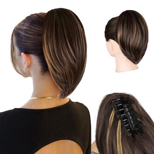 ZQIAN BEAUTY 10 Inch Ponytail Extension - Straight Pony Tails Hair Extensions, Claw Clip Ponytail Extension, Synthetic Hair Extensions Ponytail, Clip in Ponytail (Color: Brown with Blonde Highlights)