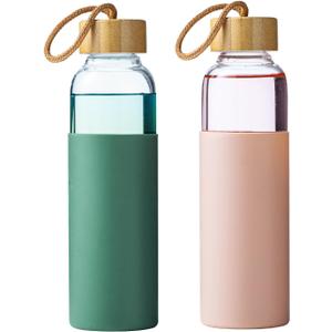 21 oz Borosilicate Glass Water Bottles with Silicone Sleeve & Leak-proof Lid,BPA Free, Dishwasher Safe-Reusable Clear Glass Drinking for Hot and Cold Drinks,Gym Travel Office cu.20.5 ft.(Green+Pink)