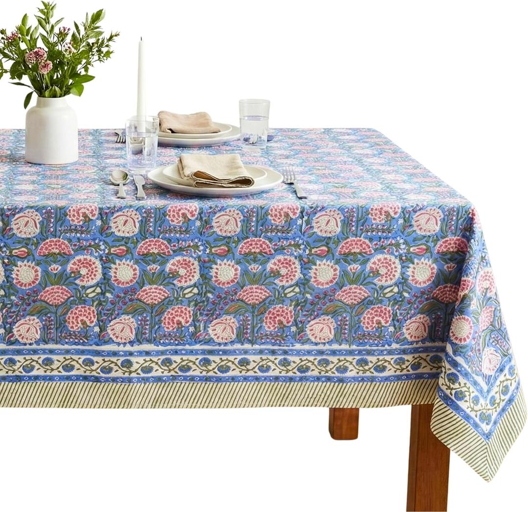 ATOSII Clover Pink 100% Cotton Fall Tablecloth, Handblock Print Rectangle Table Cover for Kitchen Dining Linen I Parties, Weddings, Outdoors, Easter Table Cloth Decor 60 X 90 Inches I 6 Seater