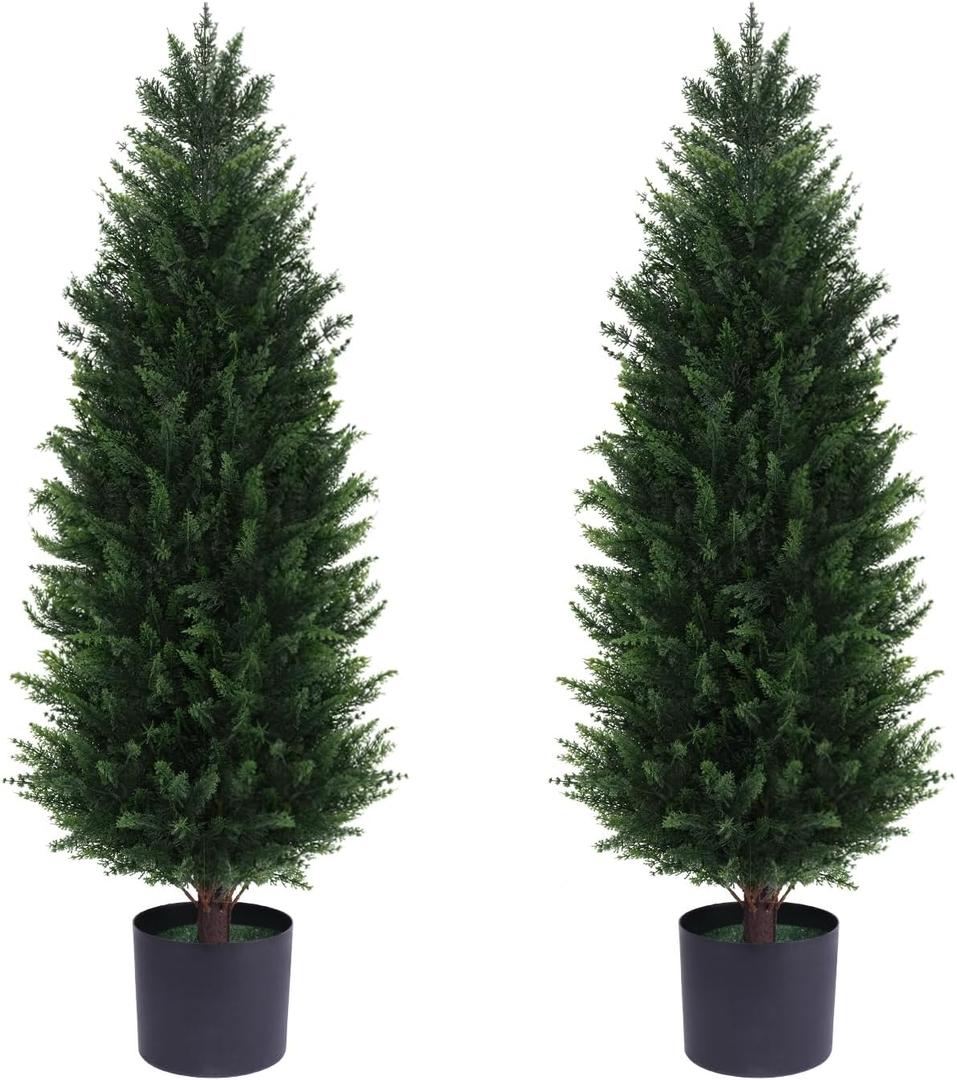 3FT Artificial Cedar Topiary Trees, Set of 2 Tall Faux Tree Potted Plants with Trunk 36in Fake Cypress Tree for Indoor Outdoor Front Porch Garden Decor (Detachable)