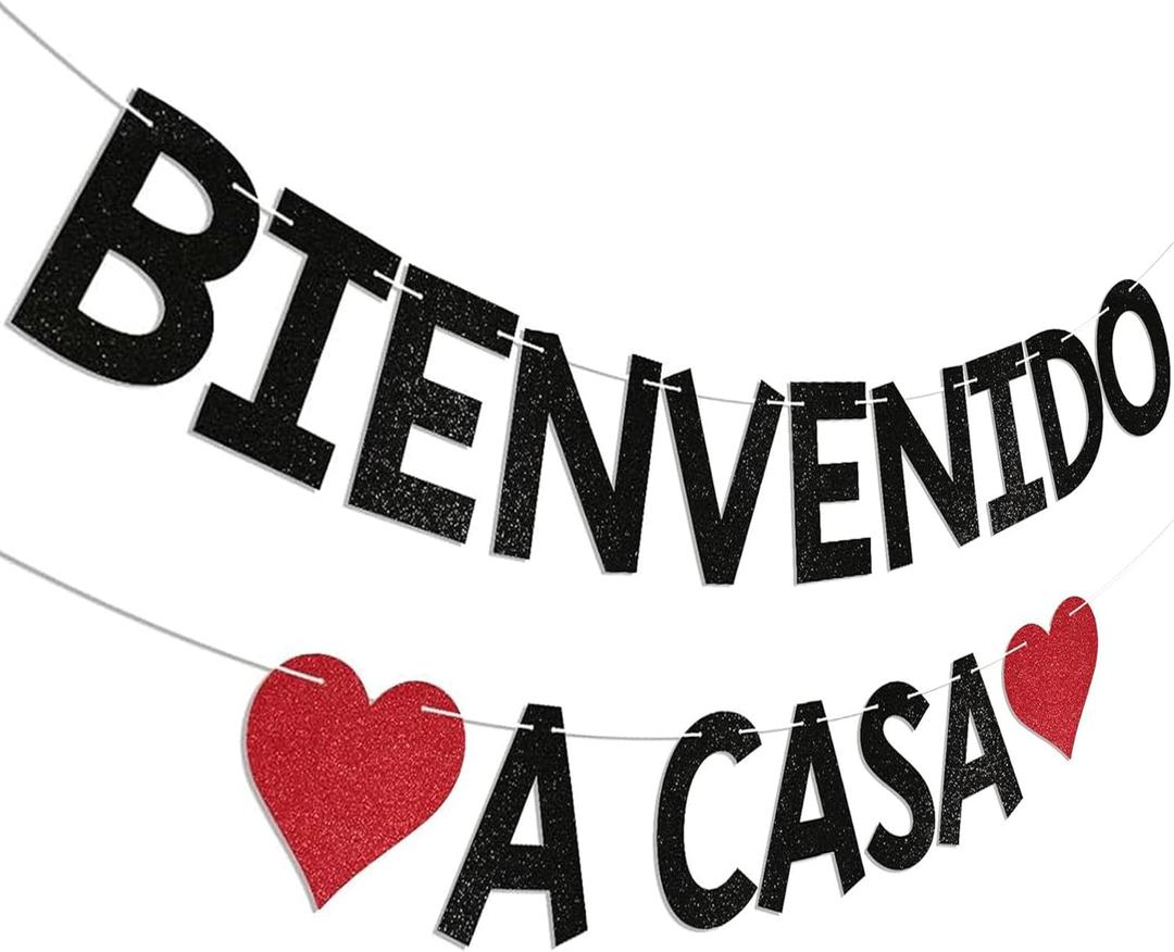 1PC Bienvenido a Casa Banner, Spanish Bienvenidos Sign for Classroom & Home, Glittery Black & Red Banner for Welcome Decor