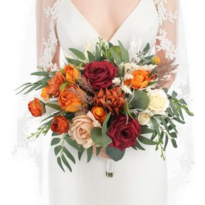 Rinlong 16 Inch Wedding Bouquets for Bride Fall Burgundy & Terracotta Roses, Dahlias, Peonies, Greenery Bouquet for Wedding, one, Boho