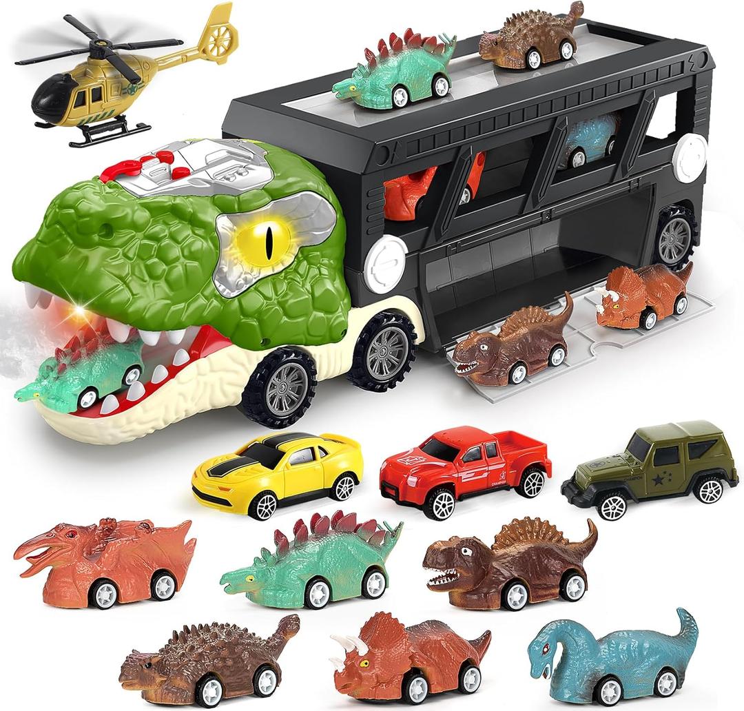 Dinosaur Toys for Kids 3-5, 5-7, Dinosaur Transport Carrier Truck with 10 Mini Car, Dinosaur T-Rex Cars Track Set for Toddlers 3-4 with Spray & Light & Sound, Birthday Gifts for 3 4 5 6 Year Old Boy