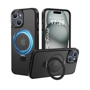 Compatible with iPhone 15 Case with Magnetic Ring Stand, Military Drop Protection, Anti-Scratch/Anti-Fingerprint Translucent Matte Phone Case for iPhone 15 (Black)