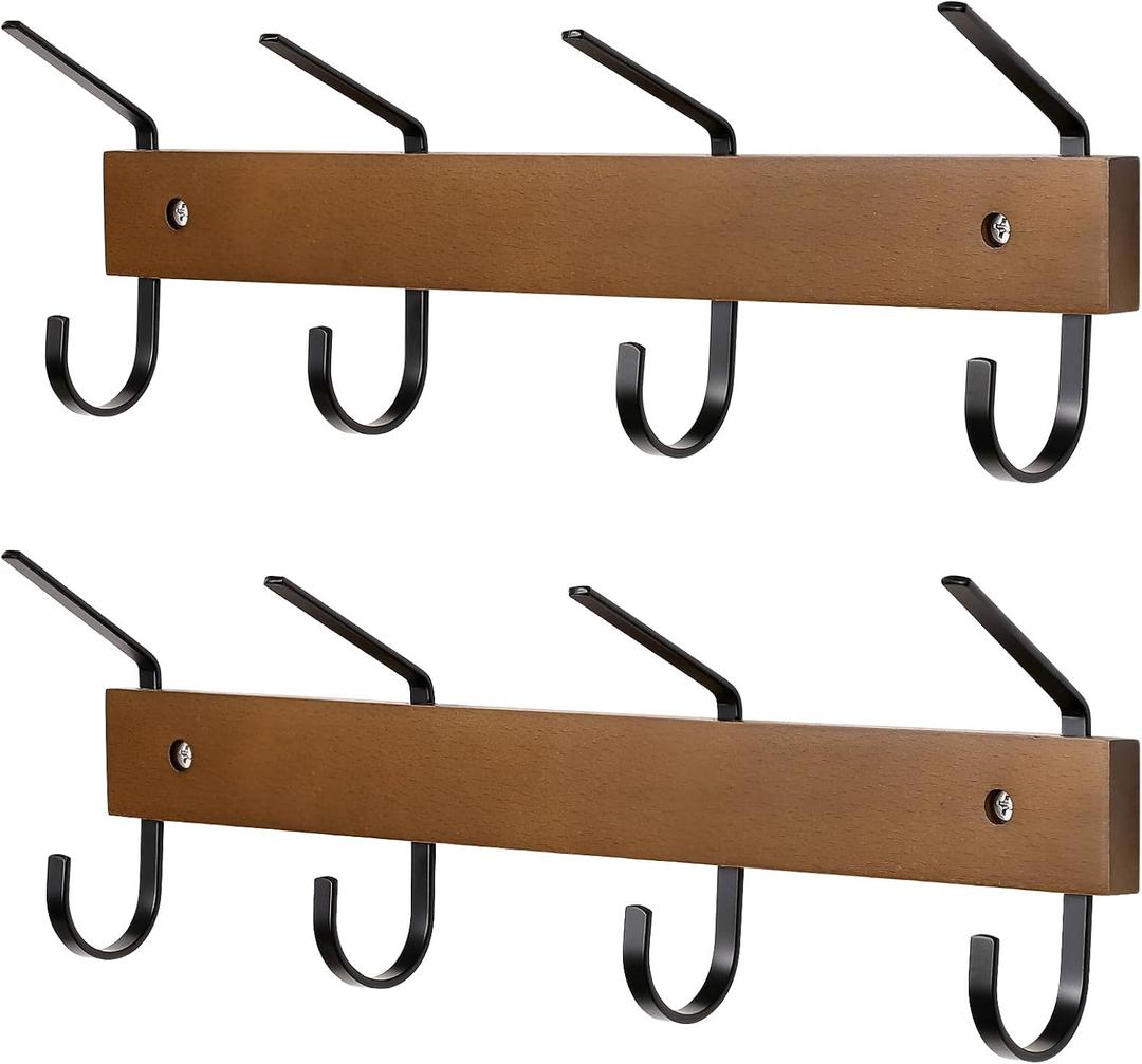 SCUNDA 2 Pcs Wall Coat Rack with Hooks, Wooden Wall Mount Coat Rack with 4 Hooks, 13.4 inches Coat Hooks for Wall, for Hanging Coats, Keys, Towels, Hats for Entrance Hall, Bedroom, etc.(Brown)