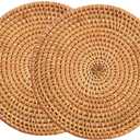 13" Natural Hand Woven Rattan Placemats for Dining Table,Decorative Heat Resistant Mats for Kitchen Coutertops,Hot Dishes,Pots and Pans,Round Diameter 35CM (Set of 2,Gold)