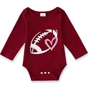 Ritatte Infant Baby Boy Girl Football Onesie Funny Football Heart Graphic Romper Bodysuits Cute Game Day Long Sleeve Outfit(Wine red, (0-3M))