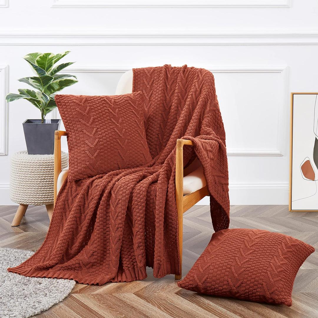 Aormenzy Knitted Throw Blanket (50" x 60") and 2 Pillow Covers (18" x 18"), 3 Piece Burnt Orange Throw Blanket Set, Decorative Throw Blankets for Couch Sofa Bed Living Room (Rust)