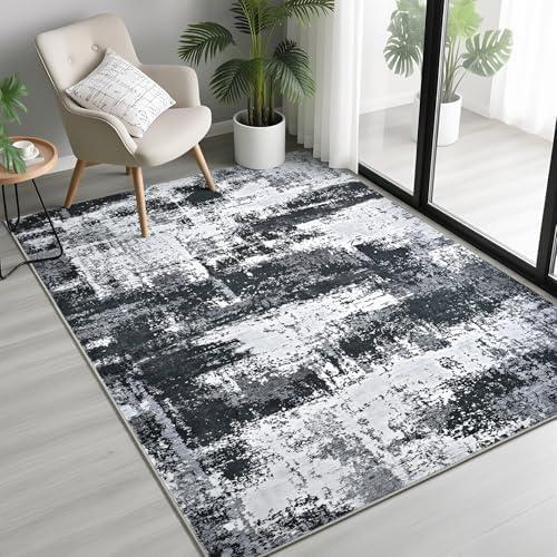 Modern Abstract 3x5 Rug for Entryway, Non Slip Machine Washable Area Rug, Soft Low Pile Ultra Thin Distressed Doormat for Indoor Entry, Kitchen, Dorm, Living Room, Bedroom, Black Gray
