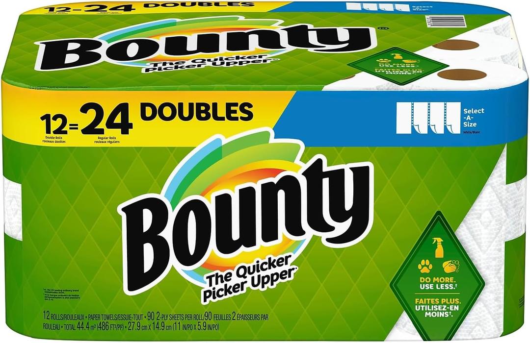 Bounty Select-A-Size Double 2-Ply Paper Towels, 98 Sheets Per Roll, Pack of 12 Rolls (110 Count (Pack of 12), White)