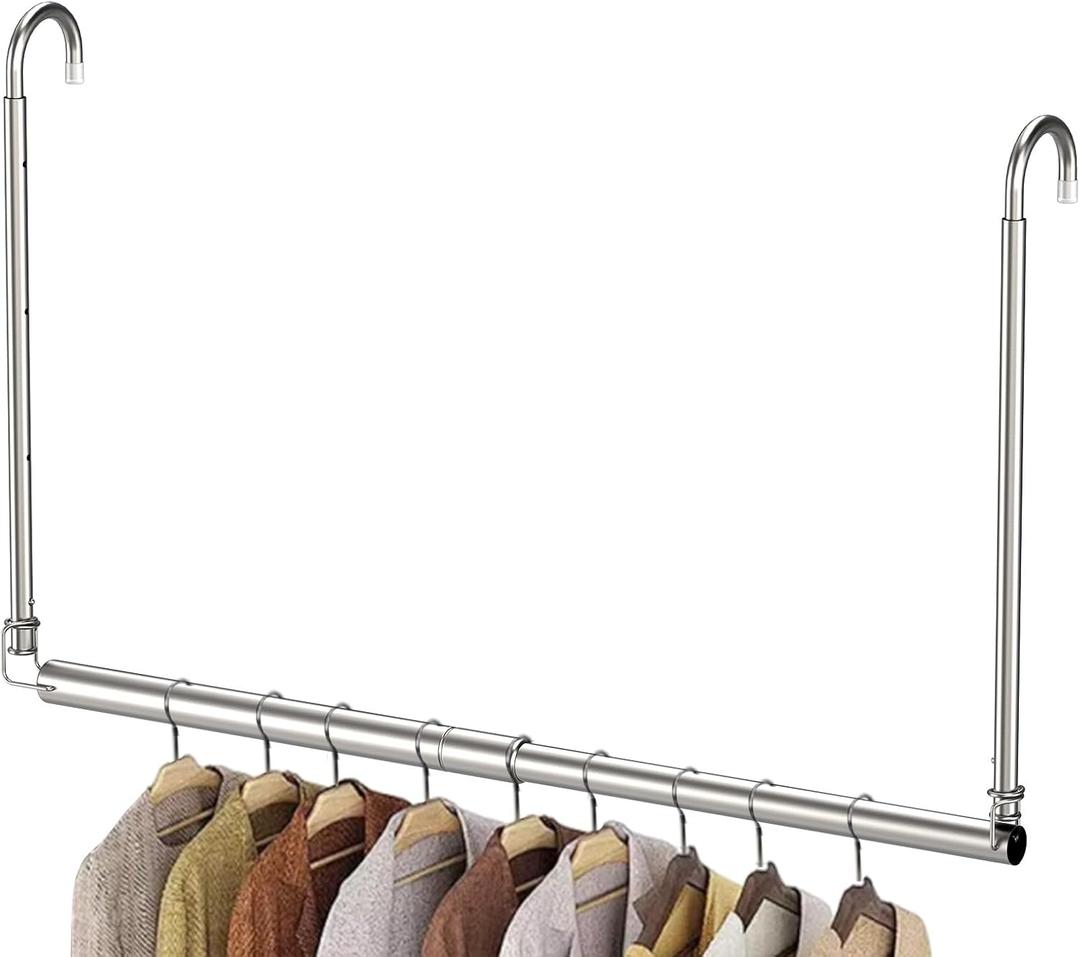Hanging Closet Rod, Adjustable Height & Width Closet Rods for Hanging Clothes-Closet Extender Hanging Rod Space-Maximizing Design Suitable for Hanging and Drying Clothes, Silver