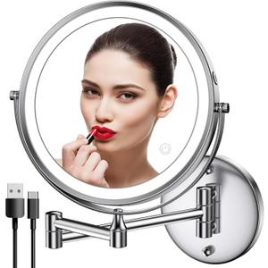 Rocollos Rechargeable Wall Mounted Lighted Makeup Mirror, 8 Inch Double-Sided LED Vanity Mirror 1X/7X Magnification,3 Color Lights Touch Screen Dimmable 360Swivel 13 Inch Extendable