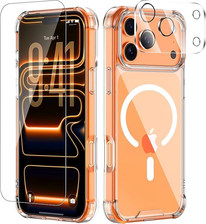 WSRBWET for iPhone 17 Pro Max Case with Tempered Glass Screen Protector & Lens Protector, Compatible with MagSafe, MilitaryGrade 4Corner Shockproof, Magnetic & AntiYellowing Clear Case