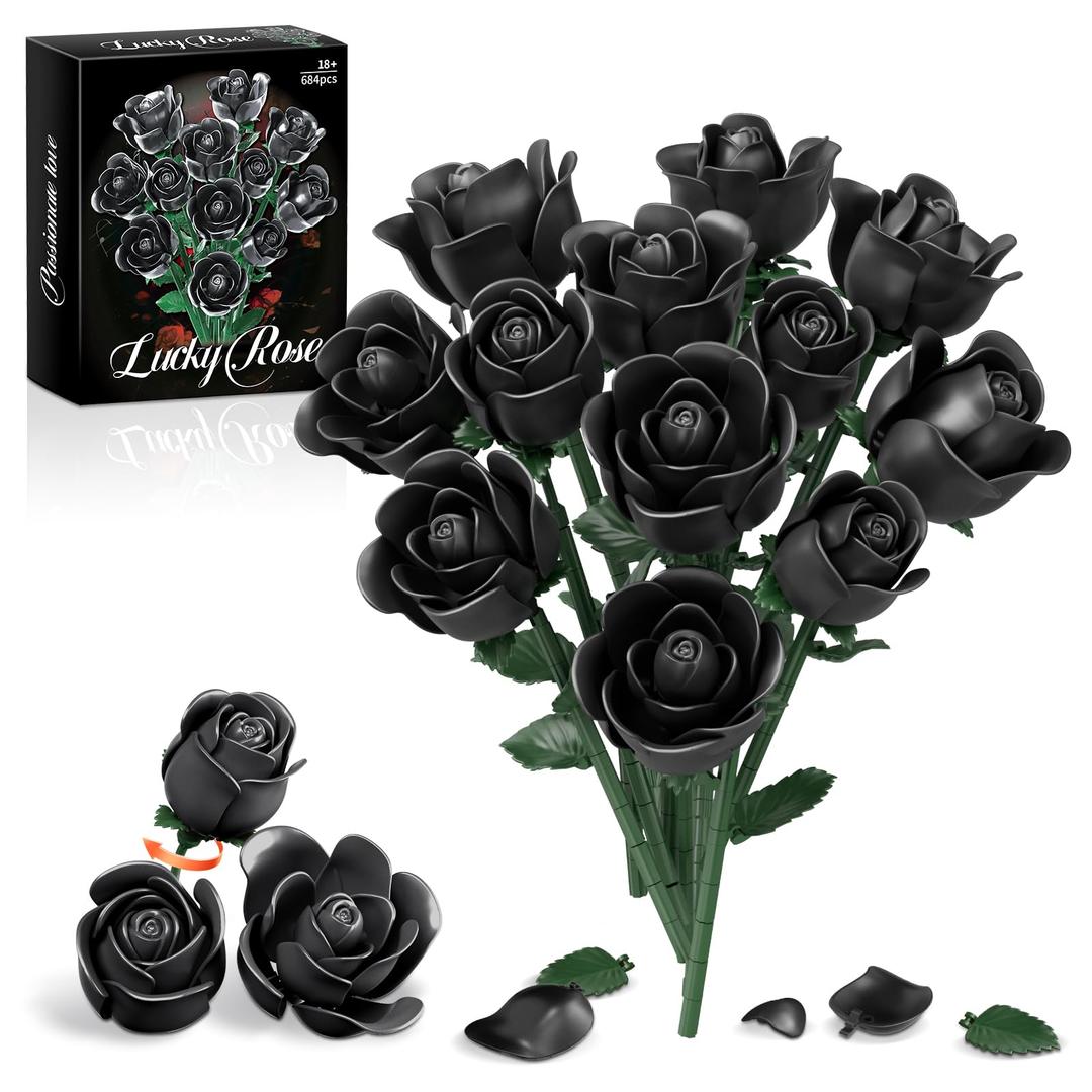 2 x Gothic Black Rose Bouquet Building Kit, 12Pcs Botanical Home Decor