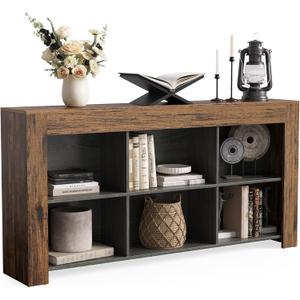 LITTLE TREE Console Table with Storage, 63-Inch Narrow Long Sofa Table, Entryway Table with 6 Cubes, Farmhouse Storage Shelves for Entryway, Living Room (Brown + Black)