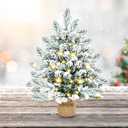 Small Christmas Tree, 20 inch Artificial Christmas Trees with Lights, Snow Flocked Xmas Tree with Burlap Base for Table Top Desktop Home Office Christmas Holiday Decorations,Silver