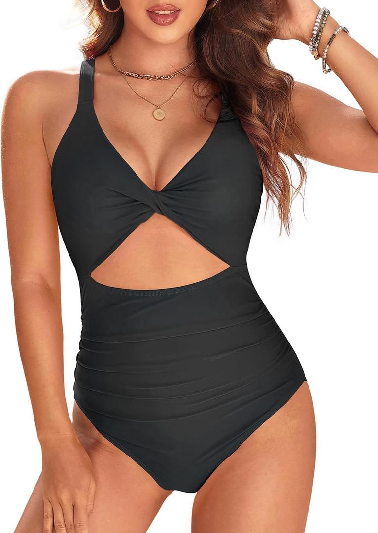 Tempt Me Women One Piece Swimsuits Tummy Control Cutout Bathing Suits Ruched V Neck Twist Front Swimwear (Large, Black 1)