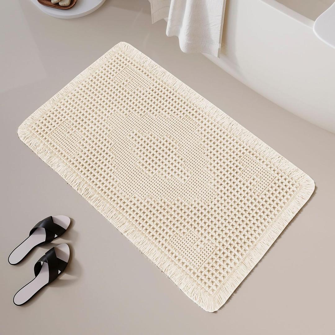 Non Slip Bath Mats for Bathroom Soft Absorbent Boho Bathroom Rugs with Tassels Waffle Bath Mat Machine Washable Ivory White, 1'6" x 3'