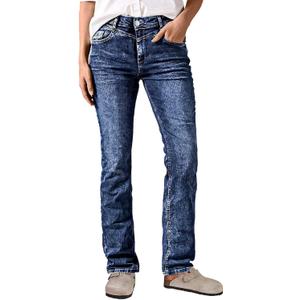 Flamingals Straight Leg Mid Waist Wash Casual Jeans for Women Distressed Stretchy Denim Pants M
