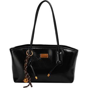 JANSBEN Small Shoulder Bag for Women - Vintage Leather Hobo Purse Trendy Handbag with Zipper and Bell Decoration (Black)