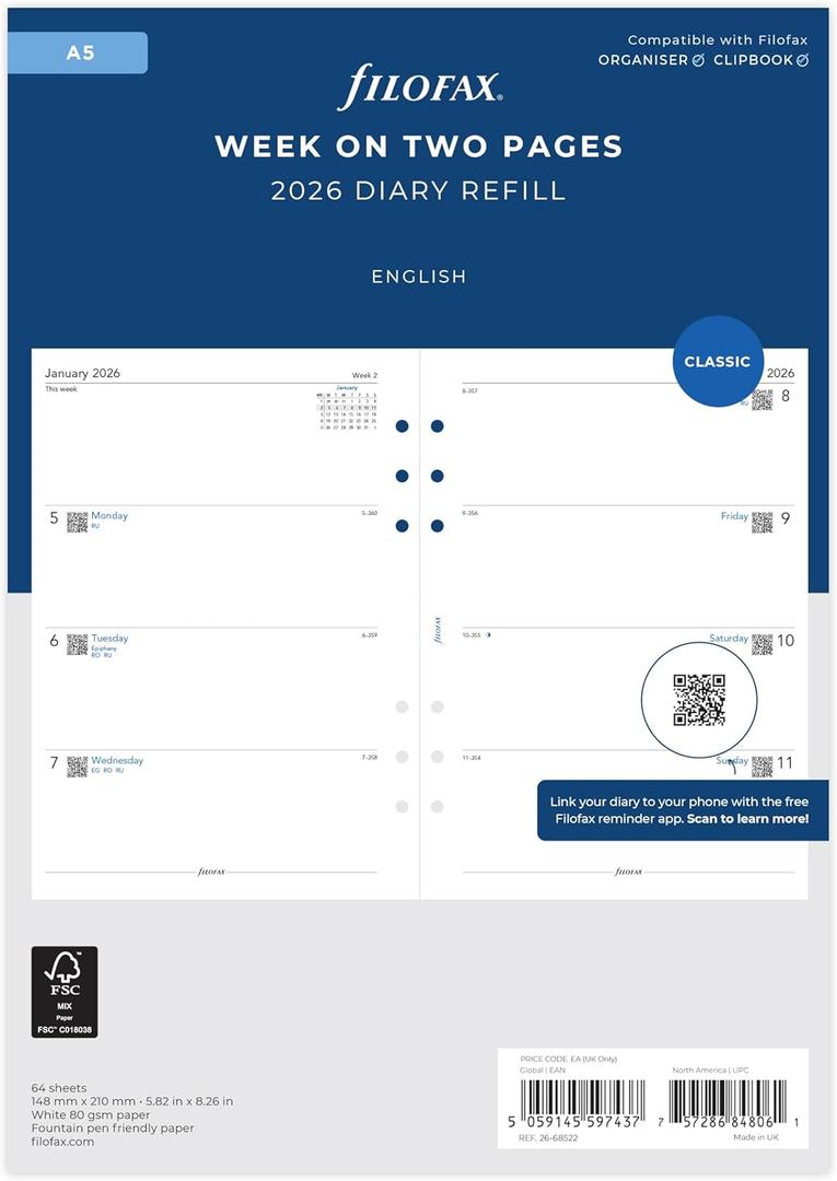 Filofax A5 week on two pages English 2026 diary 26-68522