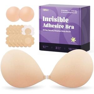 Invisible Strapless Sticky Bra Push up for Women, Ultra Adhesive Bra for Backless Dress, Cleavage Bra Lift with Kit (B Cup, Beige)