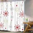 Christmas Shower Curtain 72Wx72L Inch Winter Snowflake Merry Xmas Cute Snow Bathroom Set Red Grey Snowflakes Happy New Year Snowy Holiday Kids Bath Curtain Bathtub Accessories Home Decor