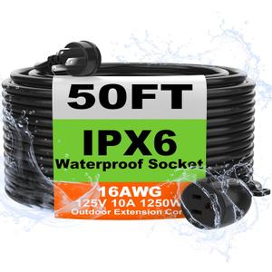 USEDOM IPX6 50 FT Outdoor Extension Cord Waterproof, 16/3 Gauge Black Heavy Duty Extension Cords, 10A 1250W SJTW, Waterproof Socket, 3 Prong Flat Plug Extension Cord with Weather Resistance