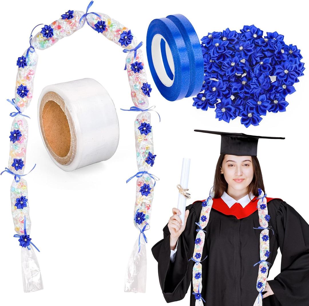 Whaline Graduation Candy Lei Making Kit, Blue DIY Graduation Wreath 26.2Ft Candy Lei Tubing Bags 50Pcs Flower Pieces 3 Roll Ribbons Congrats Grad Necklace for Grad Party Craft Favor