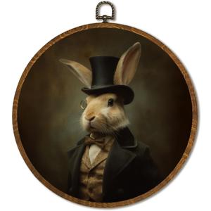 Vintage Round Wall Art Decor 10x10Inch, Rabbit Wall Art Framed Canvas Print Decor, Victorian Portrait Animal Art Decor for Home Farmhouse Bedroom Living Room (Rabbit)