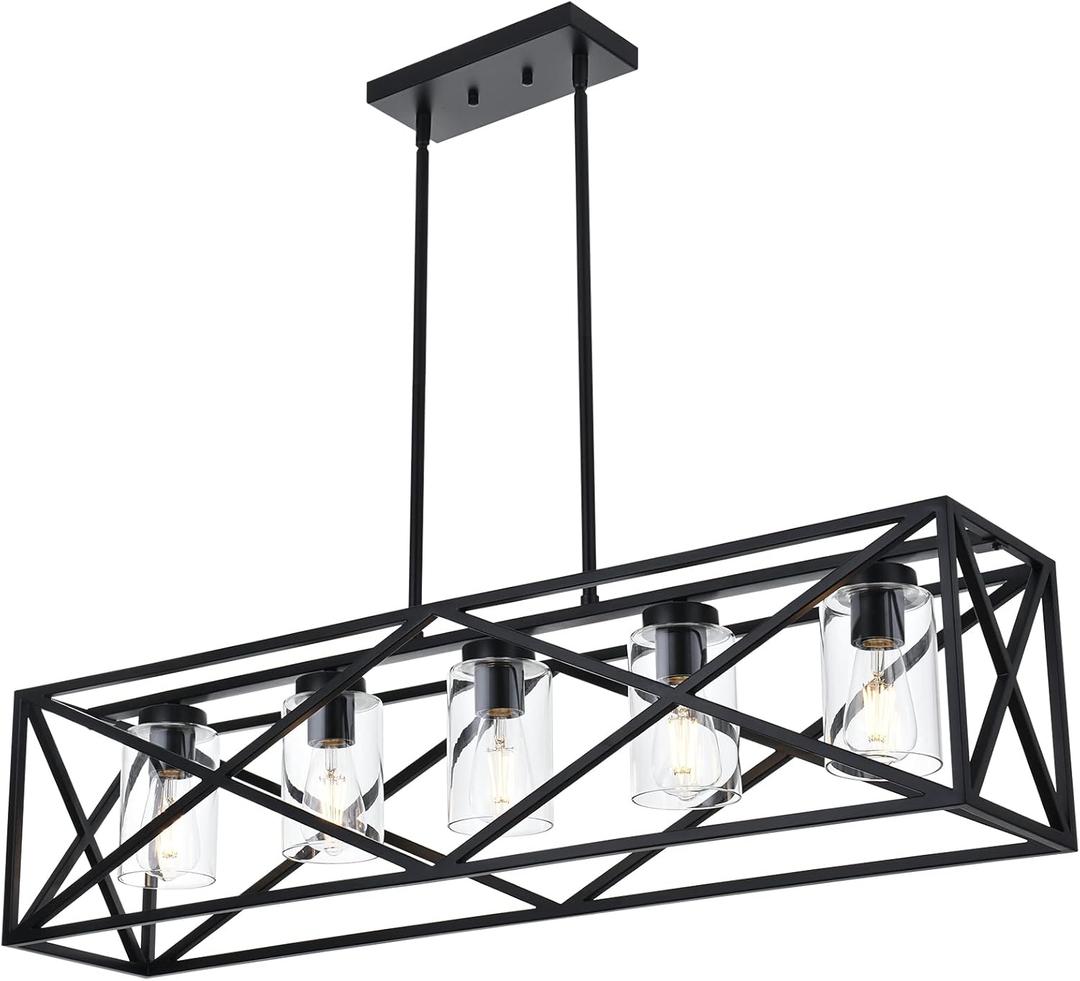 5-Lights Farmhouse Kitchen Island Light in Black Finish, Vintage Rectangular Linear Pendant Lighting Fixtures with Clear Glass Shades for Bar Pool Table