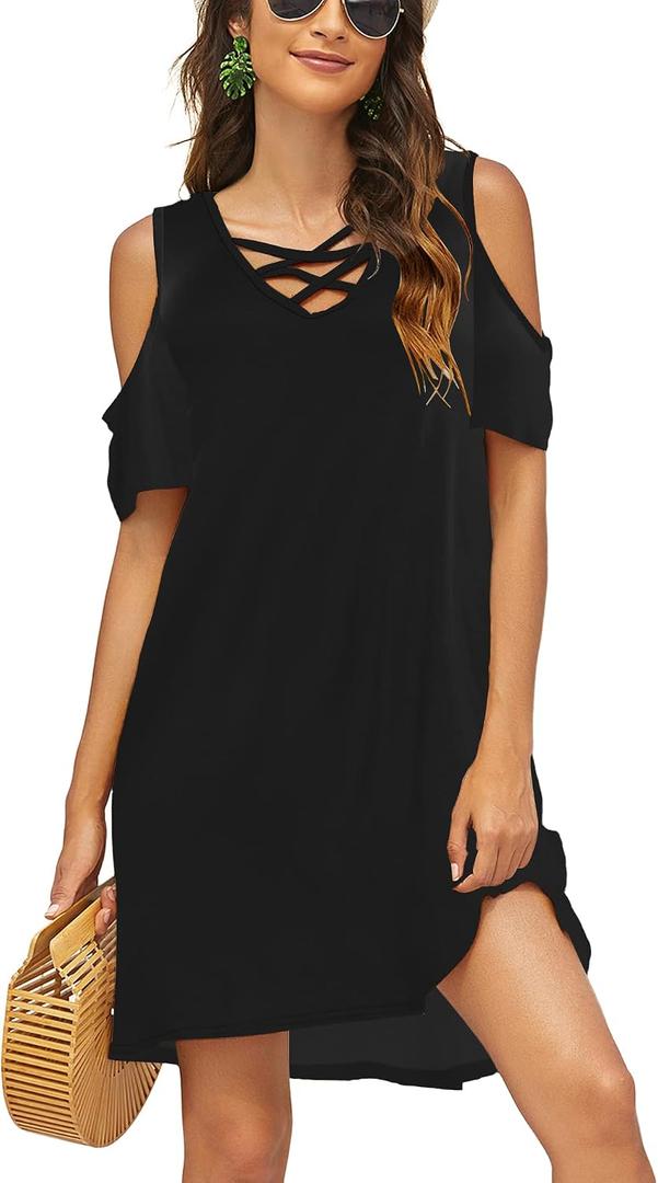 Bluetime Women Cold Shoulder Summer Dress Short Sleeve Beach Casual Loose Swing Dress (Black, XXL)