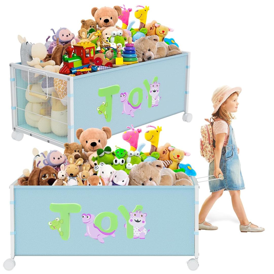 2PC Large Toy Box Storage, Sturdy Kid Toy Chest with 360 Wheels, Oxford Cloth Metal Toy Box for Boys, Girls, Stuffed Animals, Clothes, Bedroom, Living Room