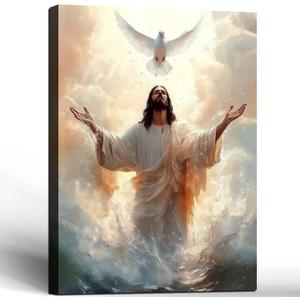 Framed Jesus Canvas Wall Art White Dove 16x24 Ready to Hang in churches | Framed Jesus canvas wall art with white dove faith decor for living room bedroom or church 16x24 inch ready to hang