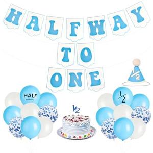 Pink Half Way To One Banner with Balloons - 6 Months Birthday Decorations for Baby Girl, Includes Cake Topper & 1/2 Birthday Hat, Photo Backdrop Wall Hanging, Half Year Party 
blue