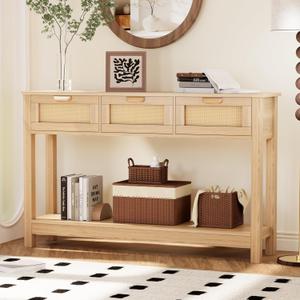 Rattan Console Table with 3 Drawers, Boho Entryway Table with Storage Open Shelf, Narrow Sofa Table Behind Couch Table for Living Room, Natural Wood